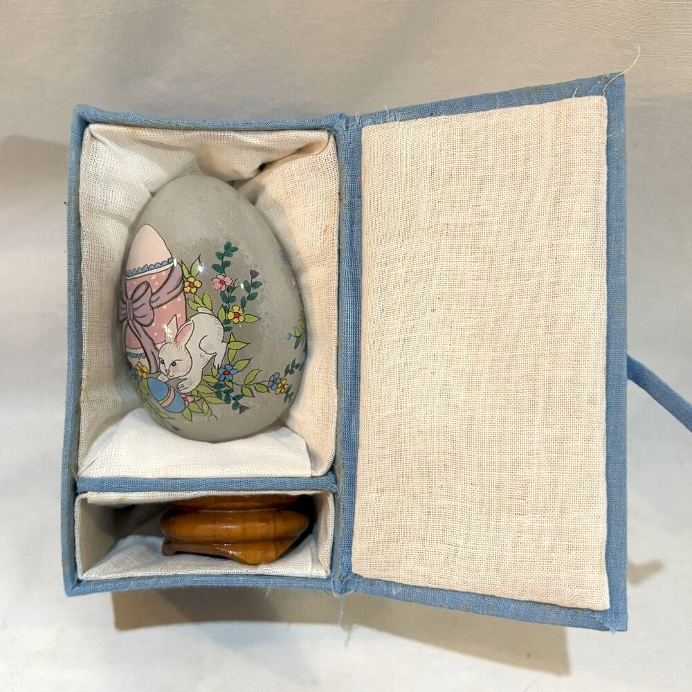 Hand Painted Inside Painting Glass Egg on Wood Stand Bunny Rabbit Original Box